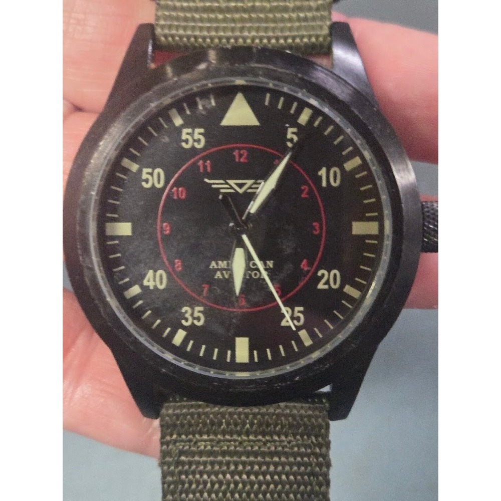 American Aviator Watch 1945 Series Black Dial Green Nylon Strap 3ATM 194653 - Picture 2 of 3